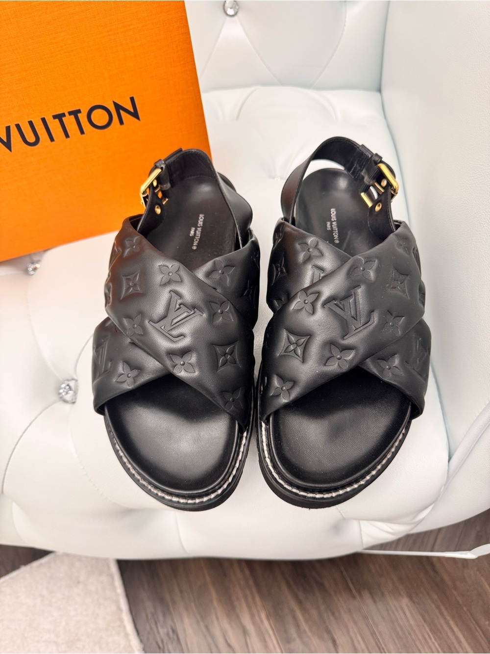 Louis Vuitton Black PASEO FLAT Embossed Monogram Sandals - Size 40 / US Size 9